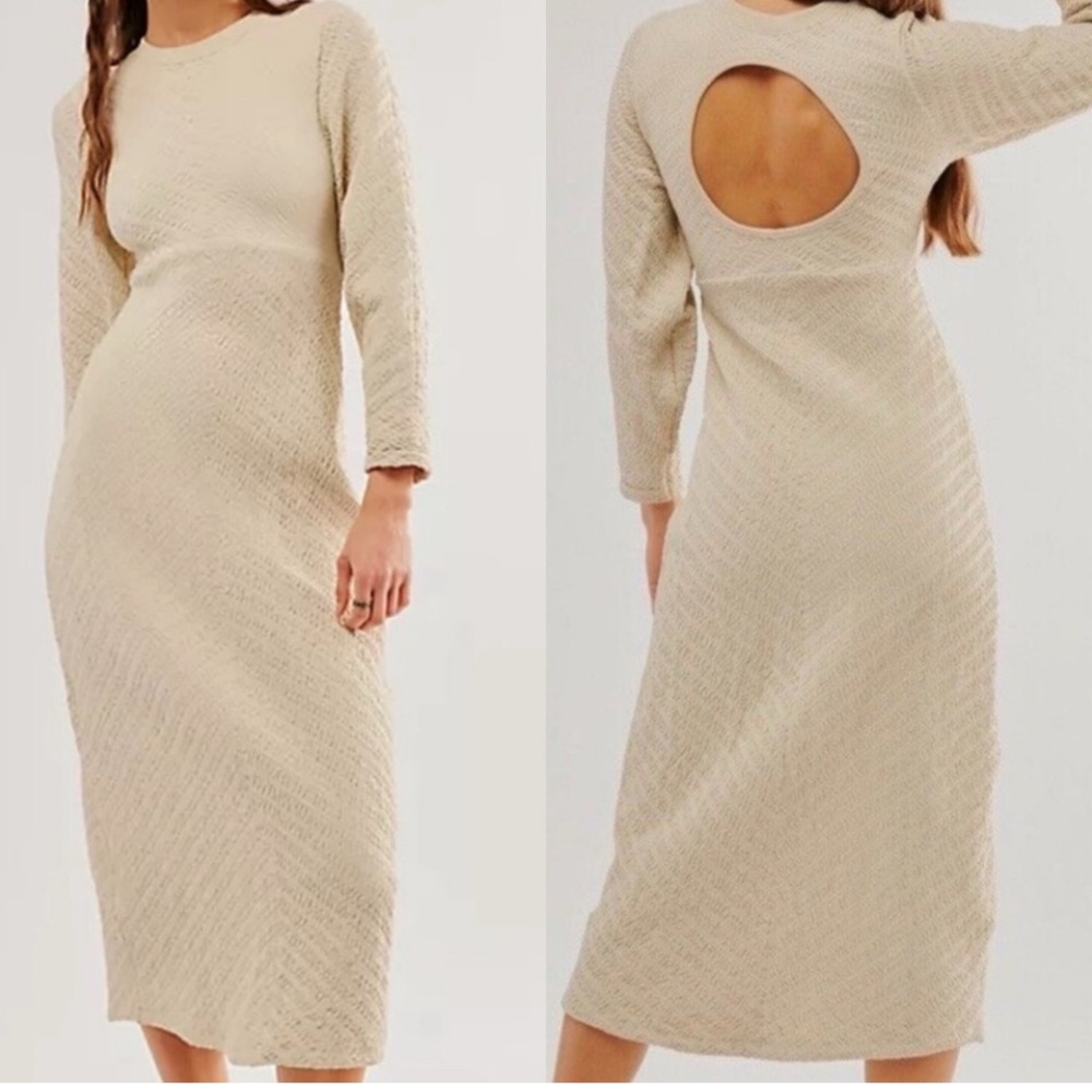 Free People Cream Textured Midi Dress with Back Cutout